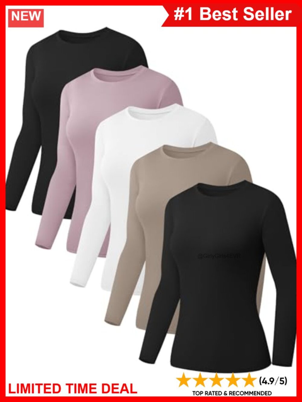 5 Pack Womens Basic Long Sleeve Crew Neck Slim Fit Tops